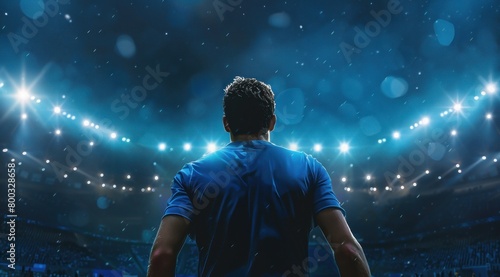 Football, un homme de dos regardant le stade, portant un maillot bleu, image avec espace pour texte.