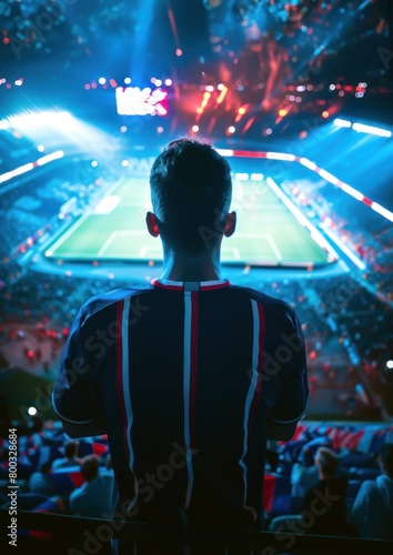 Football, un homme de dos regardant le stade, portant un maillot bleu avec des bandes blanches et rouges.