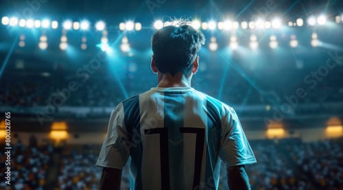 Football, un homme de dos regardant le stade, portant un maillot à bandes blanches et bleues.