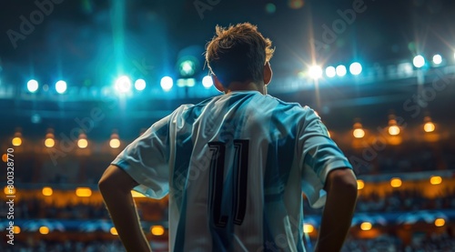 Football, un homme de dos regardant le stade, portant un maillot à bandes blanches et bleues.