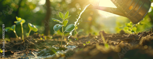 Une jeune plante est arrosée avec un arrosoir lors d'une journée ensoleillée dans un jardin.