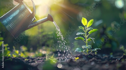 Une jeune plante est arrosée avec un arrosoir lors d'une journée ensoleillée dans un jardin.