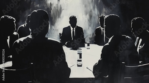 Realism painting of a highstakes international banking meeting, captured in a tense, noirinspired shadow play setting with high contrast lighting