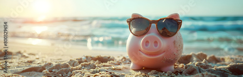 Piggy bank wearing sunglasses chilling at the beach, save money for vacation concept