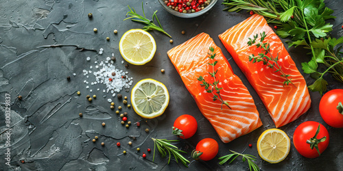 Fresh Salmon Fillets with Herbs and Tomatoes. Raw salmon fillets adorned with herbs, black pepper, and surrounded by ripe cherry tomatoes and lemon, ready for a healthy meal preparation.