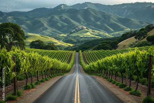 A scenic countryside road surrounded by lush vineyards, inviting wine enthusiasts to explore