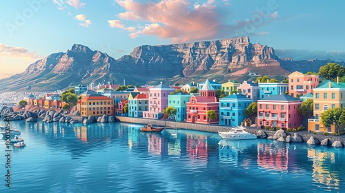 A beautiful day in Cape Town, South Africa. The colorful houses along the waterfront are a popular tourist attraction.