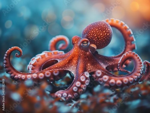 AI generated illustration of an octopus swimming among rocks and algae