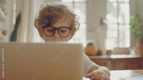 黒いメガネをかけた男の子がノートパソコンを真剣に操作している