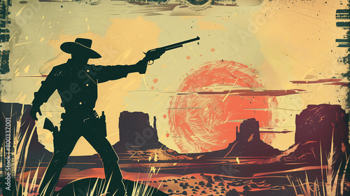 American cowboy outlaw gunslinger in the Wild West frontier of Texas shooting a revolver gun in the style of a vintage distressed painting retro poster, stock illustration image