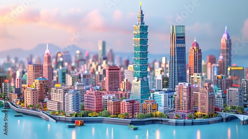 A miniature Taipei City with the Taipei 101 skyscraper in the center.