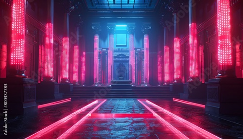 An epic cinematic establishing shot of a grand hall with glowing pink neon lights and a red carpet leading to a raised throne at the end of the hall.