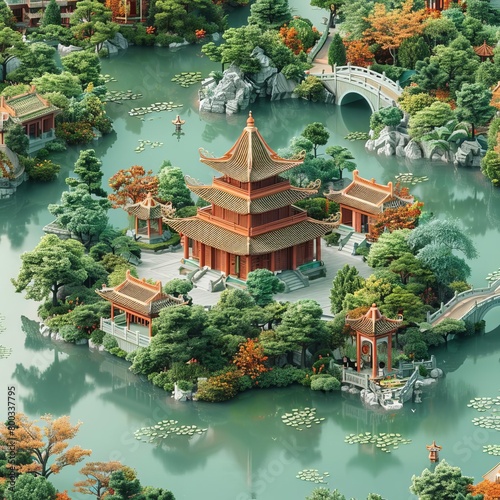 An isometric view of a beautiful Chinese garden with a lake, bridges, and pagodas