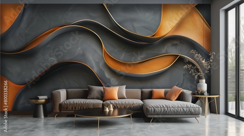 3D wallpaper for living room Modern abstract mural with orange, black and gray rings. Large decoration on the wall of the home interior design in the style of modern abstract artists.AI