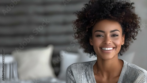 An enthusiastic Afro-haired woman joyfully recommends a product while laughing authentically in a casual outfit. Concept Influencer Marketing, Authentic Advertisement, Enthusiastic Promotion