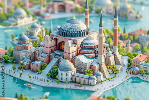 An illustration of the Hagia Sophia in a miniature model city.