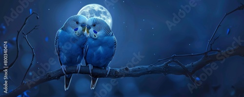 Two blue parakeets perching on a branch under the moonlight