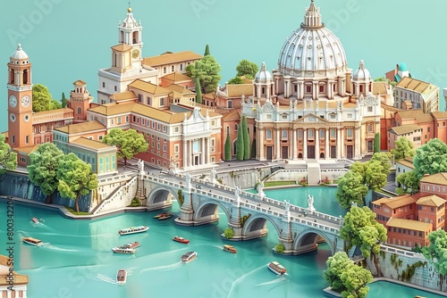 An illustration of a beautiful city with a river running through it