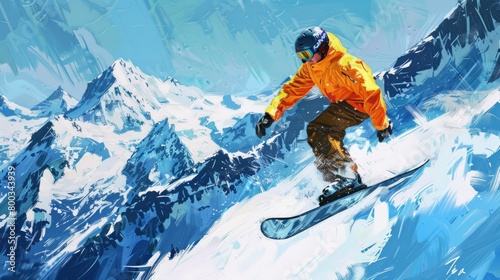 Young man snowboarding in the mountains generative ai