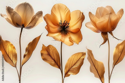 Set of golden floral art posters, gold rose, tulip and lilly on white background abstract concept art