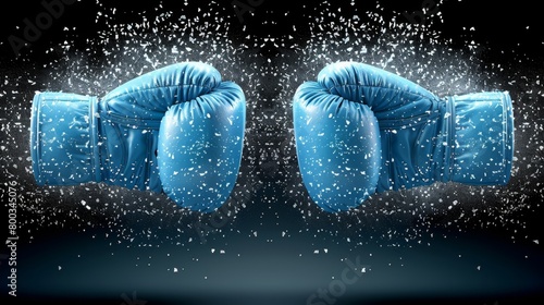  Blue boxing gloves against black backdrop, snowflakes descending