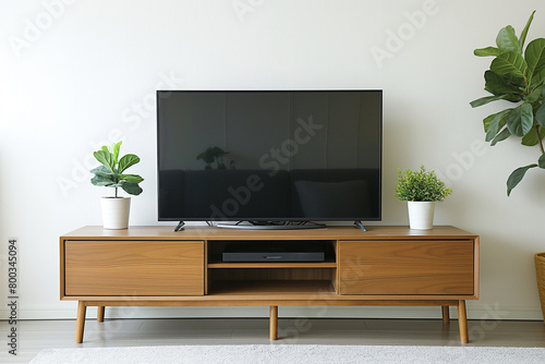 Sleek wooden tv stand with a flat-screen tv, set against a neutral wall in a minimalist interior