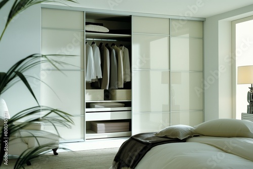 Minimalist bedroom featuring a stylish sliding door wardrobe with integrated shelves