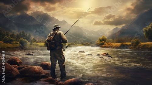 A man fishing at the lake. Beautiful nature view and landscape . fishing hobby