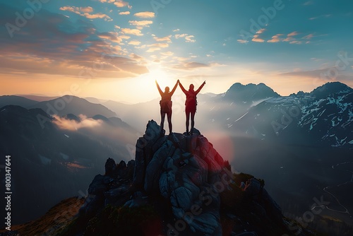 Two individuals enjoying success and accomplishments together at the summit of a mountain while conquering hurdles together and raising their hands in the air.