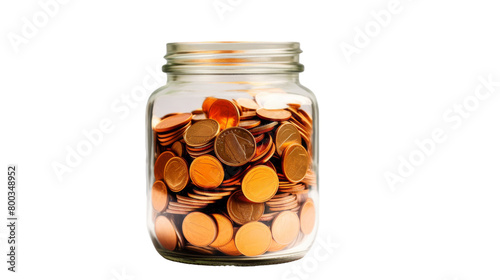 A glass jar brimming with shiny coins of various denominations on transparent background