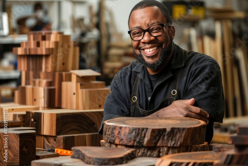 African American furniture maker in the process of assembling a piece, Joyful African American male, glasses, dark work attire, leans on wood creation, workshop setting, broad smile exudes.
