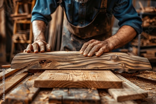 African American furniture maker in the process of assembling a piece, Focused male woodworker, apron, sands down sculpted wooden plank, hands show detail, care, surrounded by woodworking tools.
