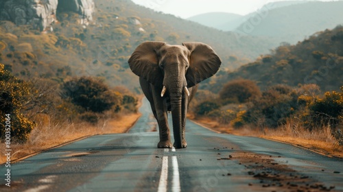 Majestic elephant strides down a paved road, vibrant green trees and hills lining the backdrop, showcasing nature meeting civilization