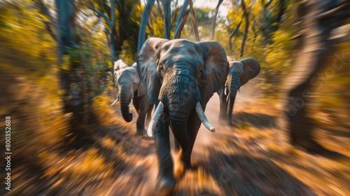 Elephants rush forward as camera zoom effect creates a sense of speed and intensity in their natural habitat