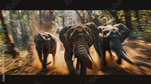 A dynamic representation of an elephant herd stampeding through a dense forest with strong visual effects