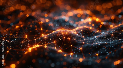 Immerse yourself in the mesmerizing world of interconnectedness, where glowing orange nodes and shimmering blue links weave a tapestry of digital dreams
