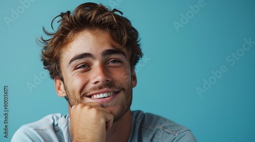 A Young caucasian man isolated on blue background smiling happy and confident, touching chin with hand