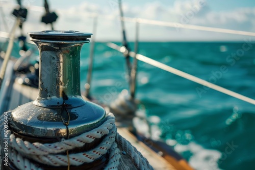 isolated winch on the deck of a sailing boat with green water out of focus in the background