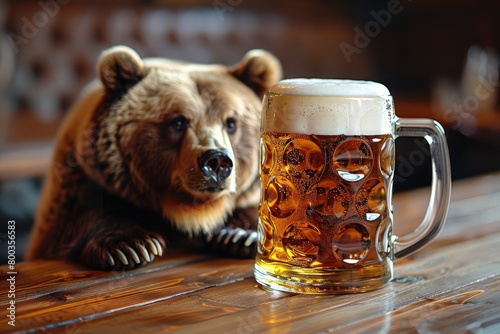 Brown bear sitting at table with beer mug, carnivore
