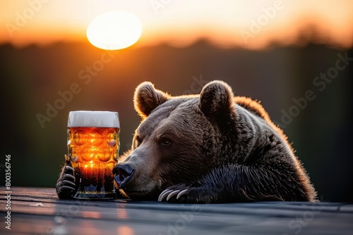 Brown bear sitting at table with beer mug, carnivore