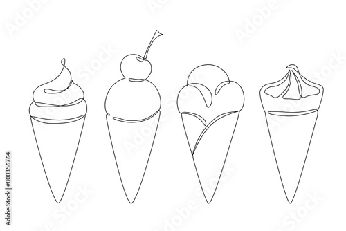 Abstract ice cream cone continuous one line drawing set isolated on white background.