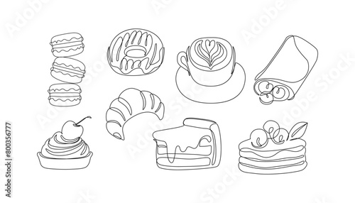 Abstract coffee cup, cake slice, donut, cheesecake, croissant continuous one line art.