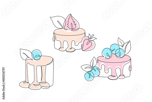Continuous one line drawing of cake with blueberries, mint leaves, strawberry
