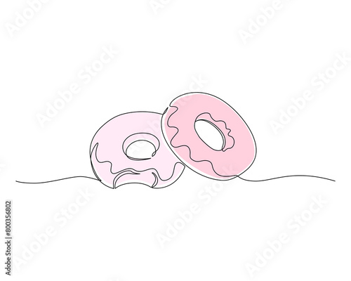Continuous one line drawing of colorful donuts isolated on white background