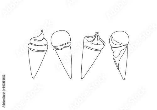 Abstract ice cream cone continuous one line drawing set isolated on white background.