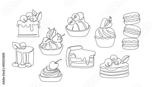 Continuous one line drawing of strawberries, blueberry cake slices pancake macaroon tart