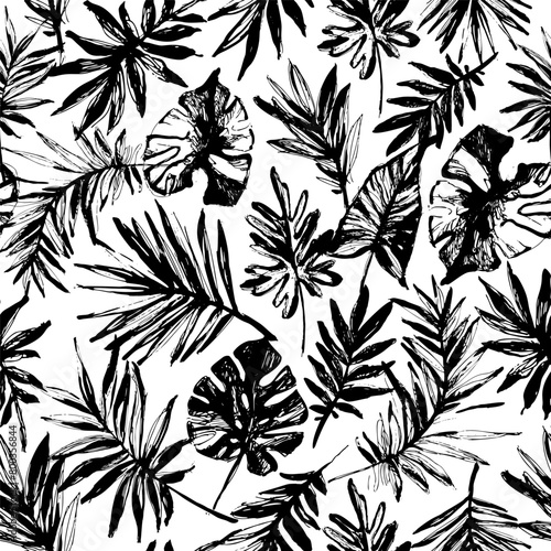 Abstract grunge tropical leaves seamless pattern