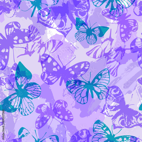 Beautiful butterflies seamless pattern. Flying insects on geometric grunge background