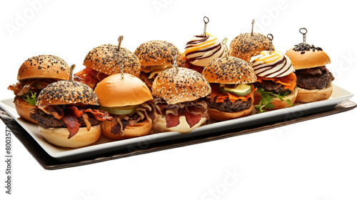 A tray filled with mini hamburgers, each topped with classic fixings, ready to be enjoyed at a social gathering on transparent background