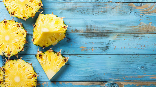 Slices of pineapple on blue wooden background
